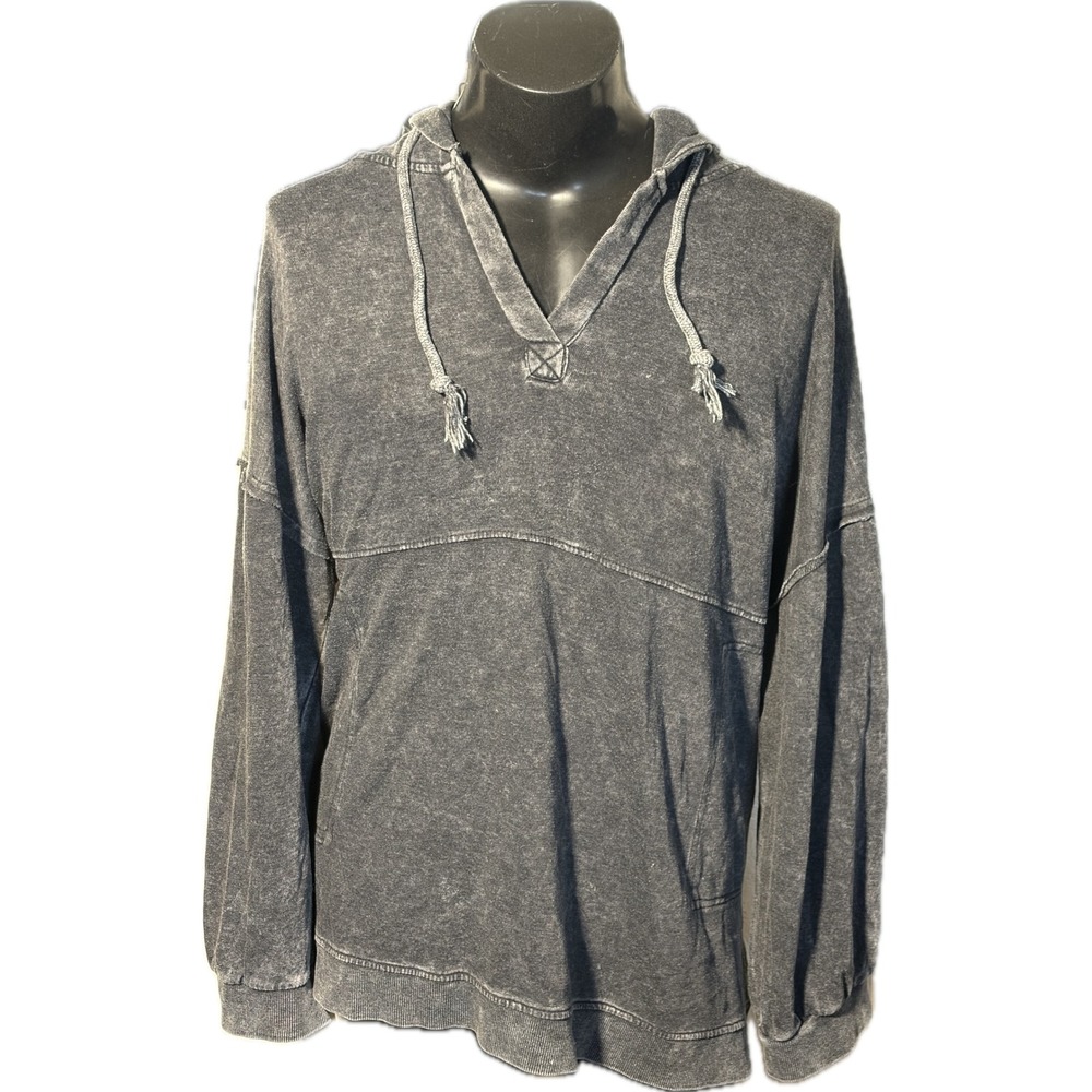Like Love Mineral Wash Hoodie Charcoal Grey Oversized V-Neck Pullover 3XL